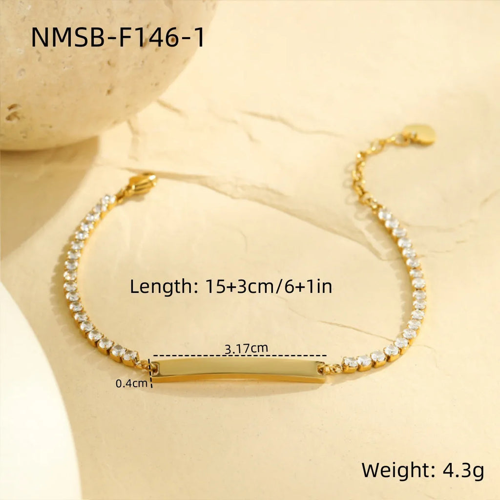 18K gold finish stainless steel diamond-embedded lettering bracelet with adjustable chain, geometry shape