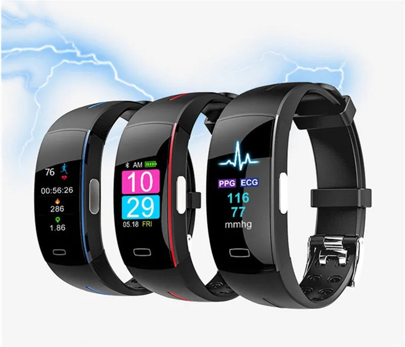 Smart watch with OLED touch display and silicone wristband on a wrist, showing heart rate monitoring screen