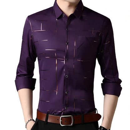 Slim fit men's long-sleeved lapel shirt dress in black with gold stripes, bust 100 cm size M