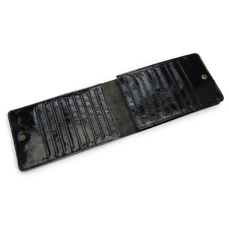 Men's cowhide card wallet with multiple slots shown open, displaying card and phone compartments.