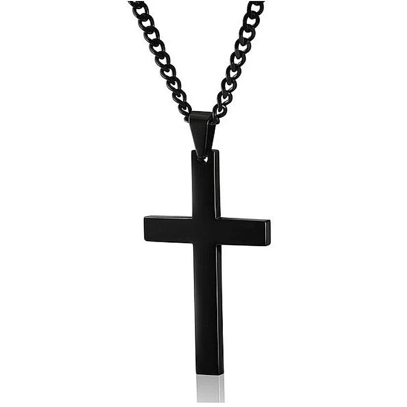 Stainless steel cross pendant necklace for men, available in black, silver, and gold finishes