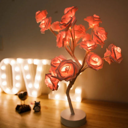 Rose Flower LED Table Lamp in white and red with USB and battery operation