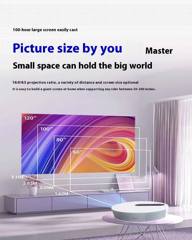White 720p HD home theatre projector with remote control on a wooden surface.