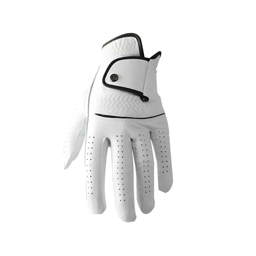 A single white men's golf glove made from half sheepskin leather, shown flat.