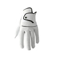 A single white men's golf glove made from half sheepskin leather, shown flat.
