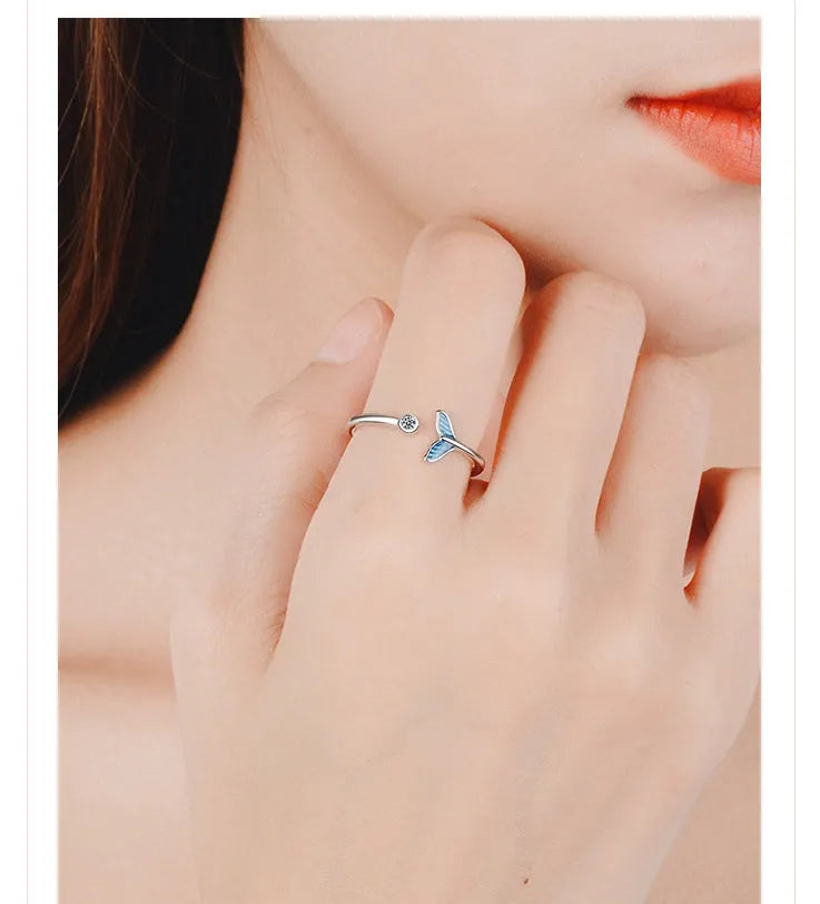 Blue mermaid tail cuff ring with cubic zirconia and epoxy accents, adjustable 17mm, white gold finish