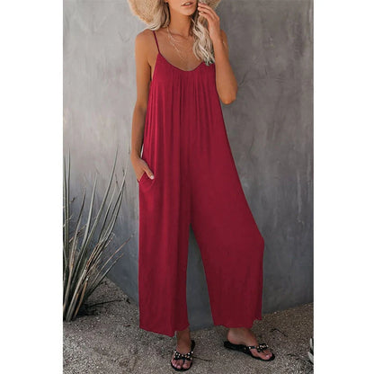 Women's sleeveless cotton blend jumpsuit with pockets, available in multiple colours