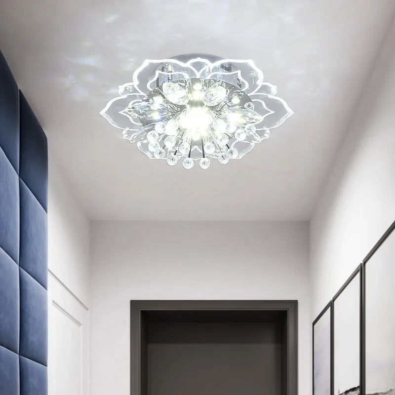 Modern crystal ceiling lamp with flower-shaped acrylic and stainless steel shade for corridor and living room illumination