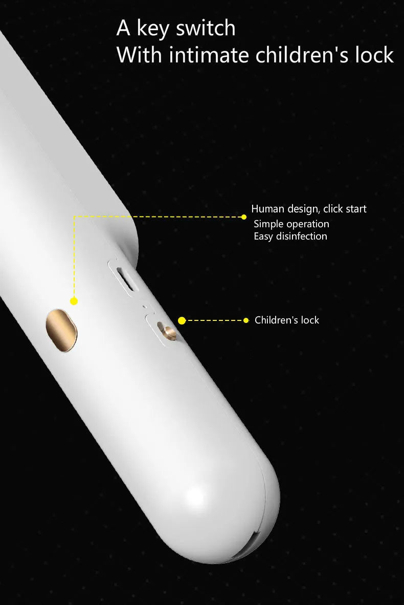 Portable UV hand-held sterilisation lamp in white, 219x34x40mm rechargeable design