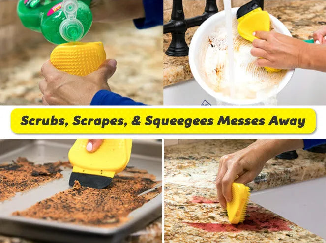 3-in-1 silicone sponge scrubber with built-in soap dispenser, nylon scraper, and squeegee on kitchen counter