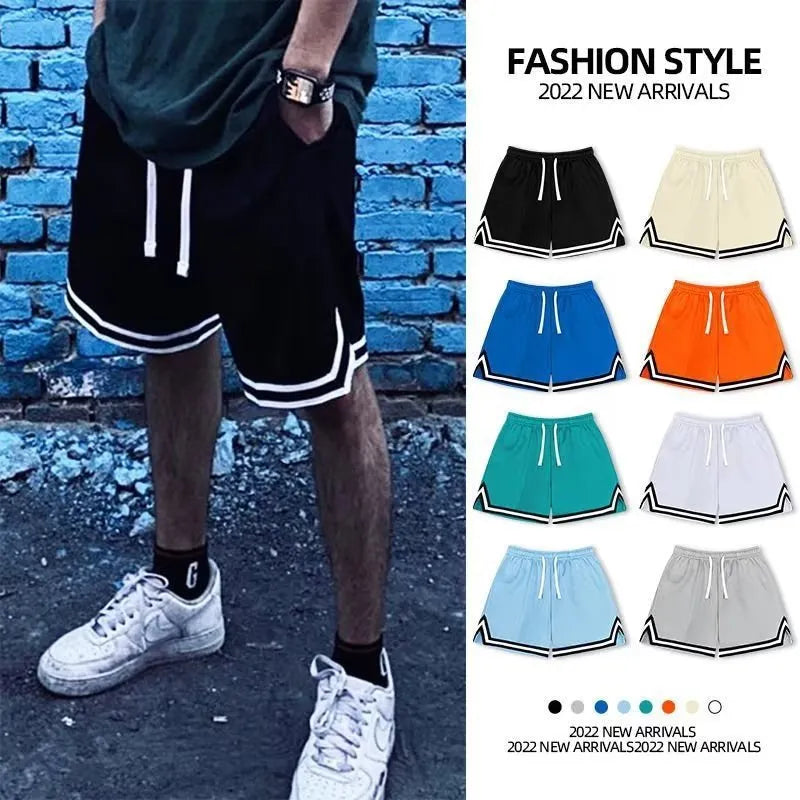 Men's loose-fit polyester summer shorts in multiple colours on a size chart