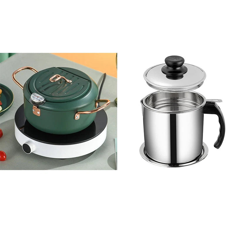 Stainless steel folding frying basket with thermometer for perfect frying