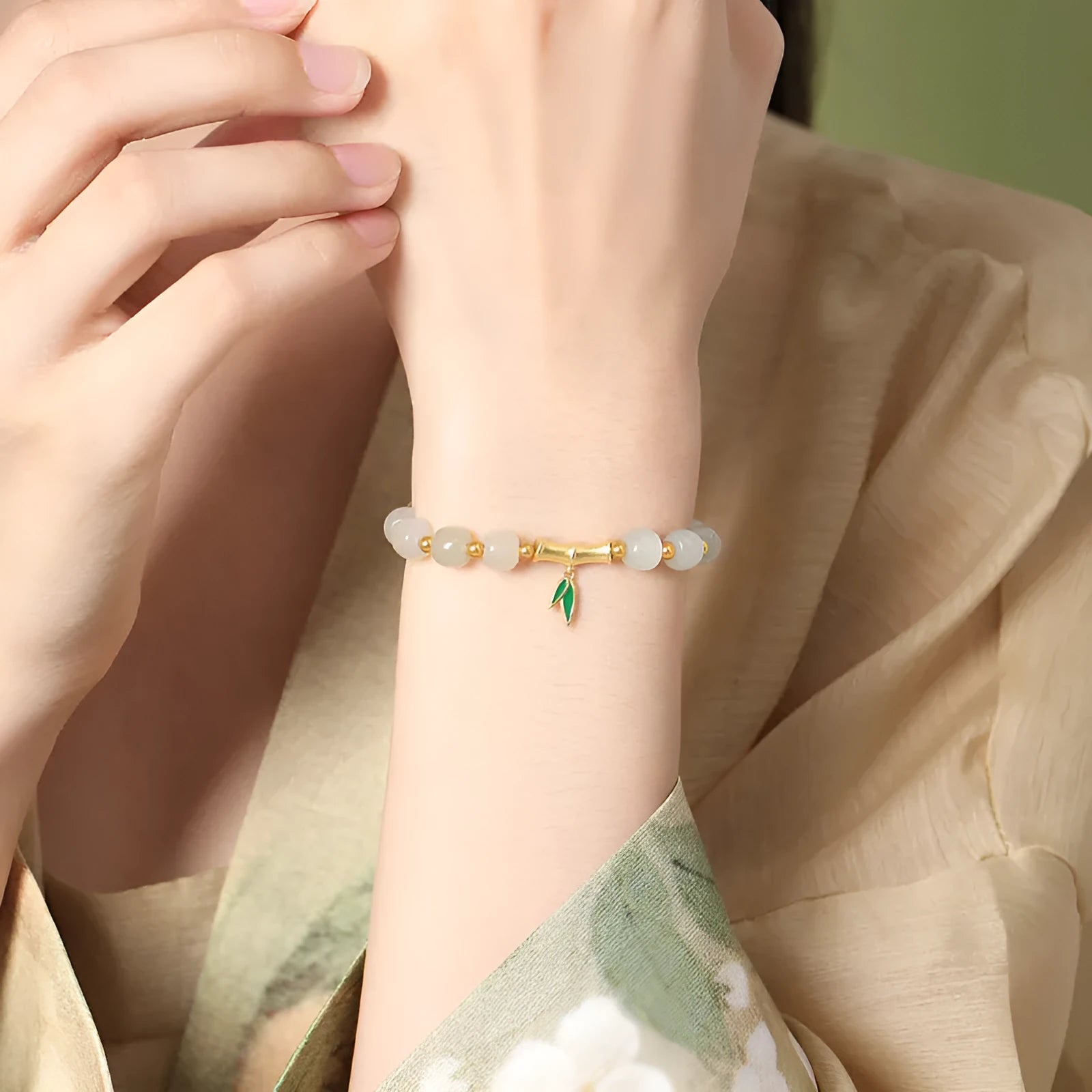 S925 sterling silver bracelet with natural Hetian jade beads carved with bamboo leaf motifs