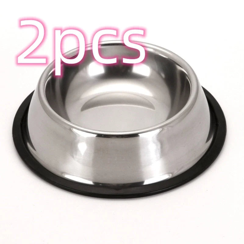 Stainless steel pet bowls with non-slip base, available in multiple sizes
