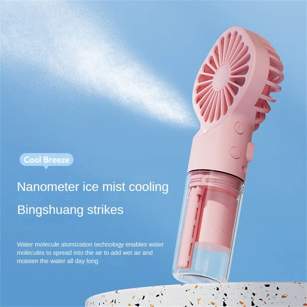 Powerful mini fan with mist humidification feature, delivering icy-cool, hydrating airflow for refreshing comfort