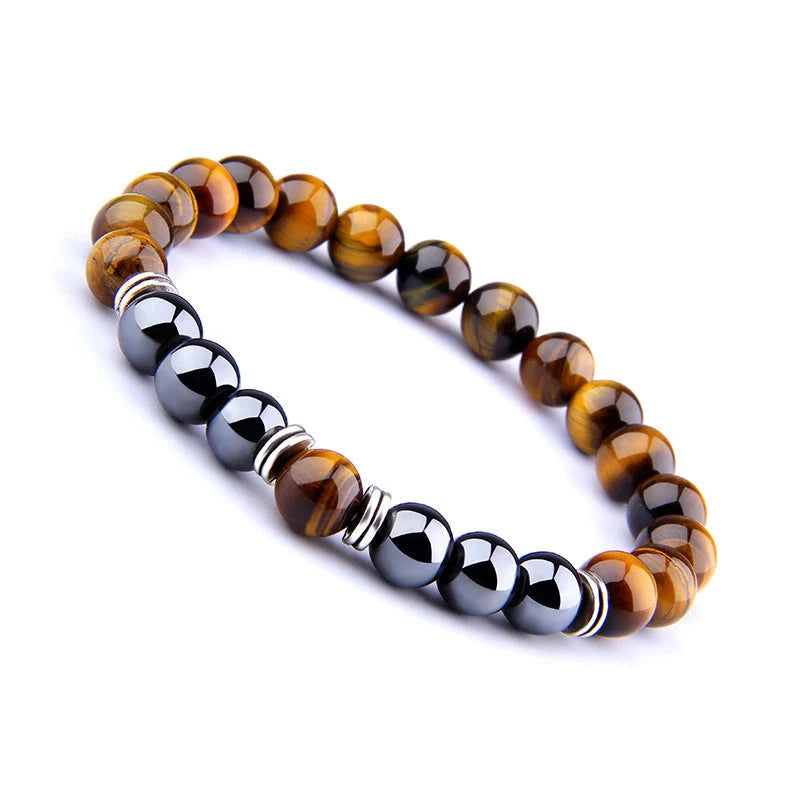 Yellow Tiger Eye Bracelet with obsidian alloy separators, elastic design for comfort