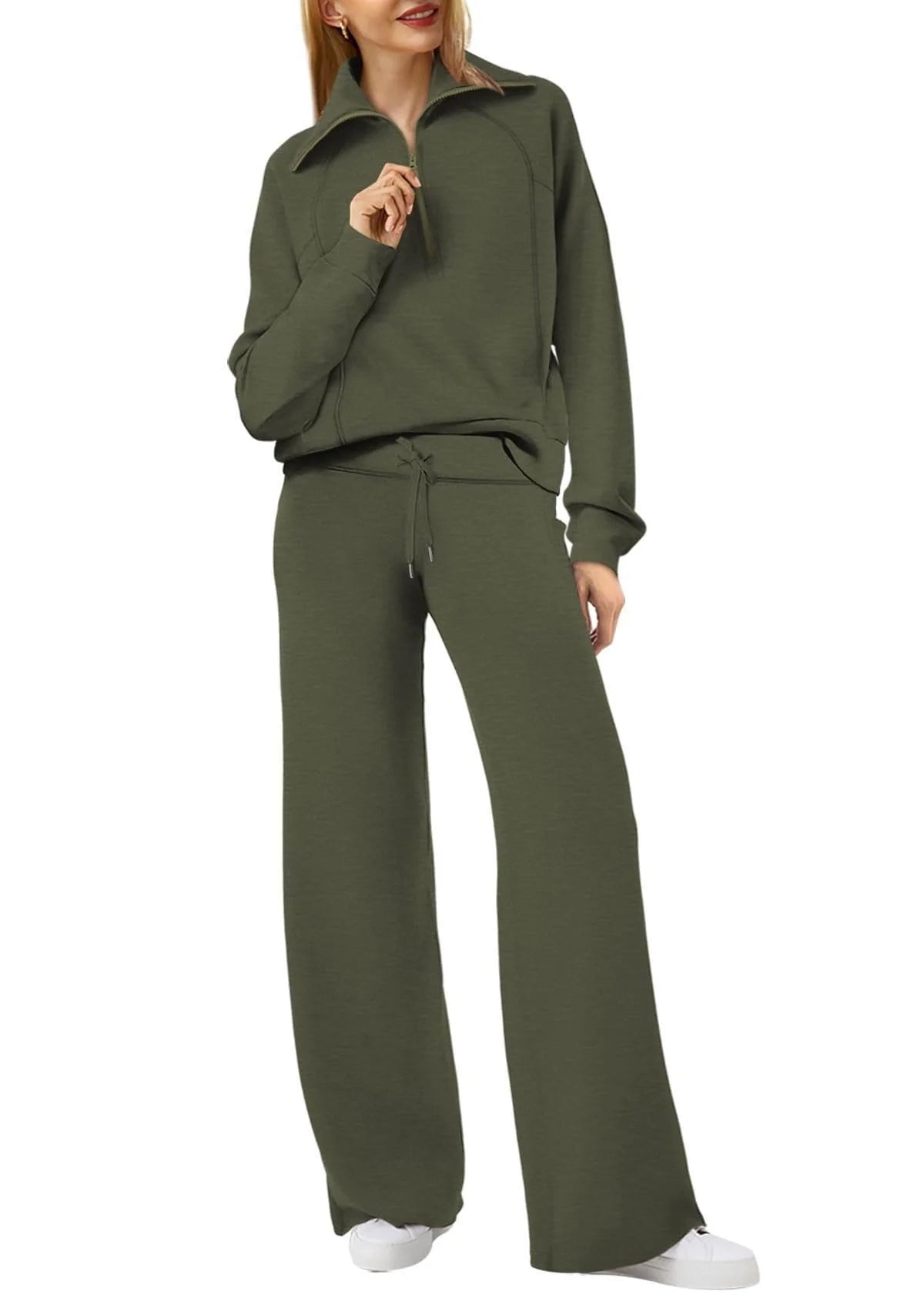 Women's leisure sports suit with long-sleeve zipper sweatshirt and wide leg pants in various colours