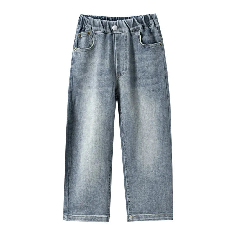 Men's straight loose fit blue denim jeans with cotton fabric, suitable for heights 120-170cm