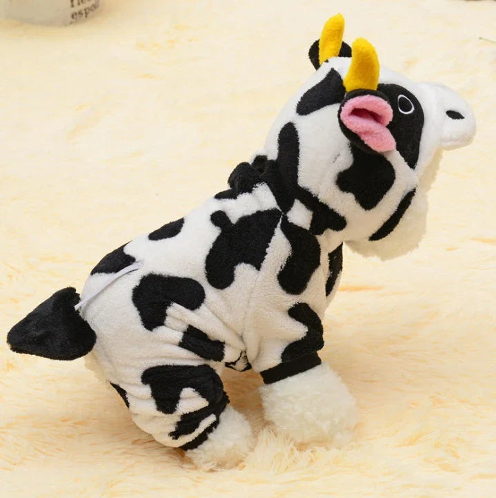 White cow costume hooded sweatshirt for pets with black patches and fleece lining