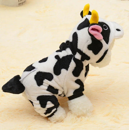 White cow costume hooded sweatshirt for pets with black patches and fleece lining