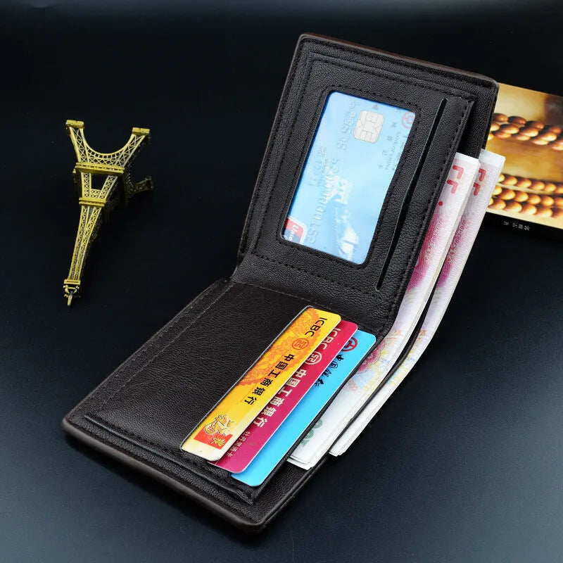 Compact PU bifold wallet in black with multiple card slots and zippered coin pocket
