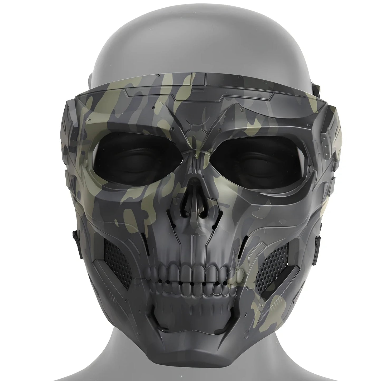Black skull horror helmet mask 19x18cm with transparent PC goggles and adjustable bands for airsoft protection