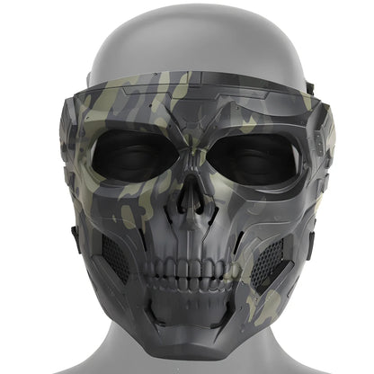 Black skull horror helmet mask 19x18cm with transparent PC goggles and adjustable bands for airsoft protection