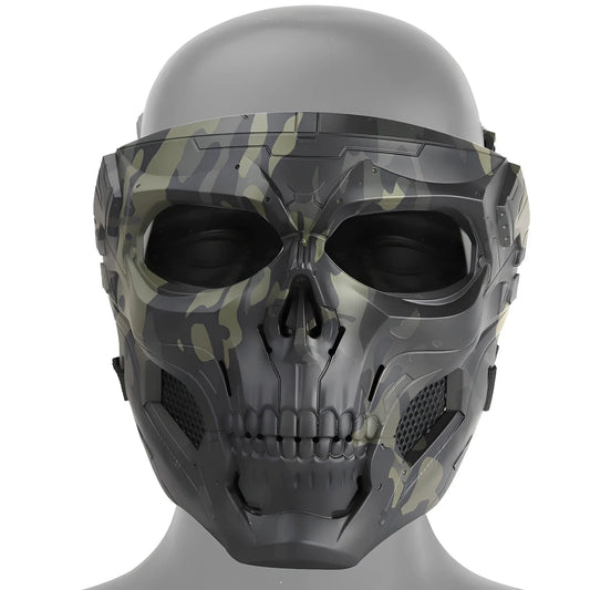 Black skull horror helmet mask 19x18cm with transparent PC goggles and adjustable bands for airsoft protection