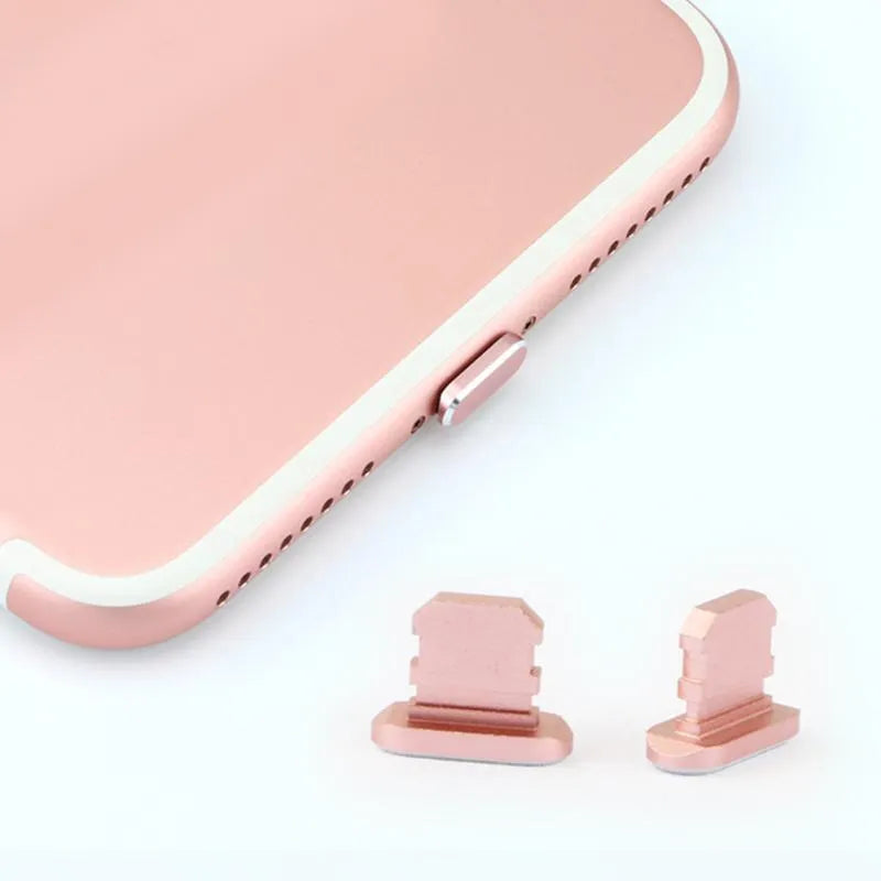 Aluminium alloy iPhone charging port dust plug in silver, shown next to an iPhone.