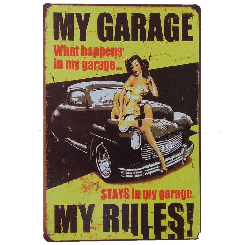 Retro tin painting metal crafts with car and motorcycle patterns in vibrant colours