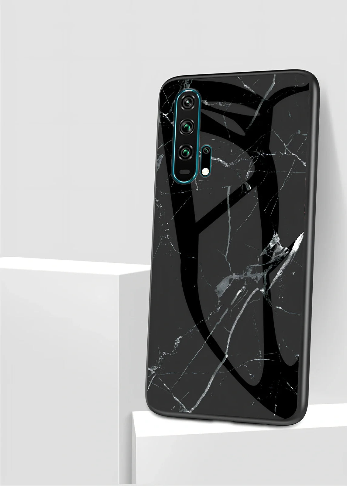 Black marble anti-fall phone case for Honor 20 with tempered glass back and silicone edges, showing grip texture and colour options