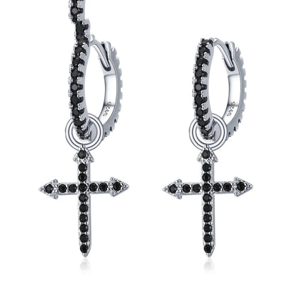 Trendy black copper-plated earrings with zircon inlays and cross design