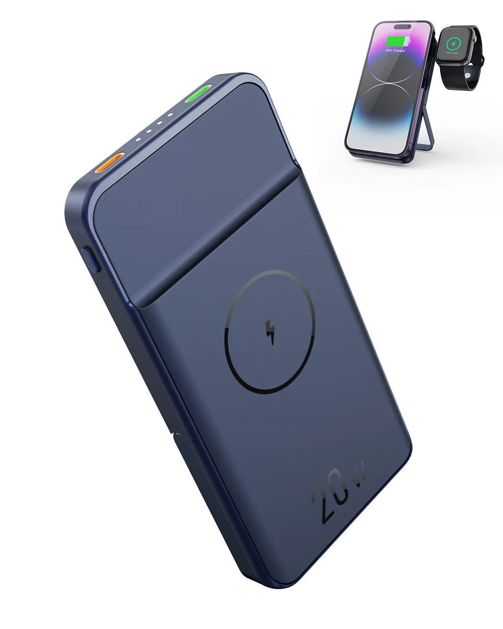 Black industrial-style magnetic wireless power bank showing three-in-one bracket design with 10000mAh capacity