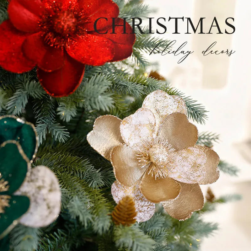 Set of three 15cm flannel Christmas flower ornaments in champagne gold, wine red, and dark green