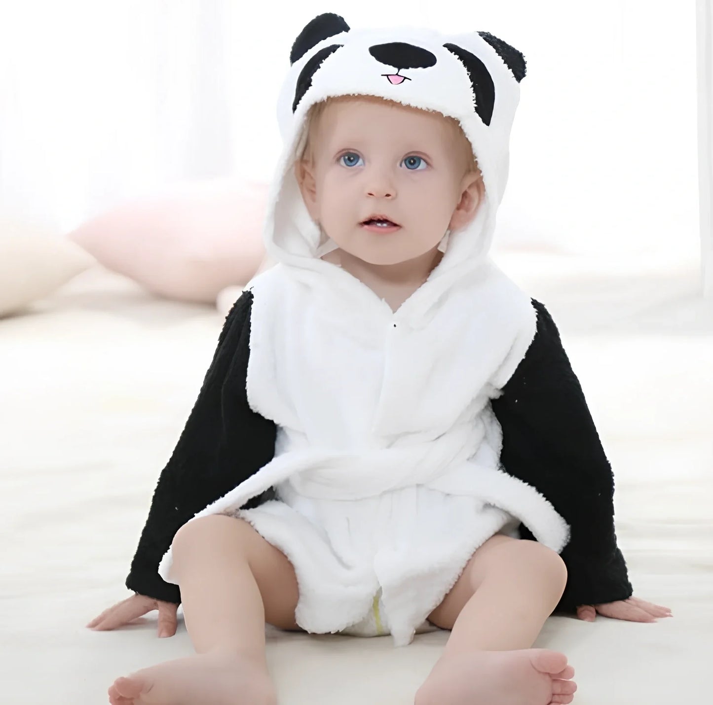 Cotton baby bathrobe with animal hood showing panda design, belt fastening, and absorbent fabric