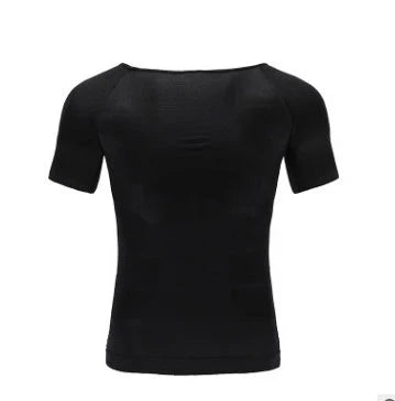 Men's slimming compression t-shirt in blue, black, or white, offering waist protection and support.