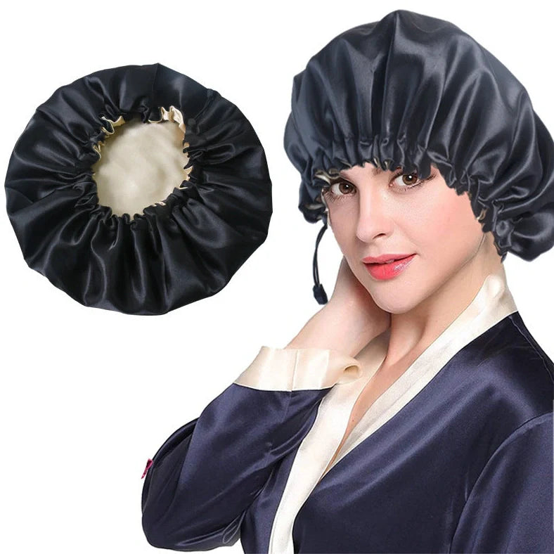 Soft silk dual-use shower cap in double satin fabric for chemotherapy and bathing protection
