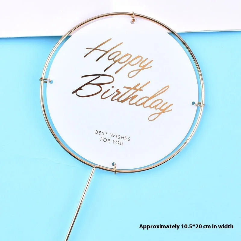Acrylic happy birthday cake inserting card with plastic panel and wrought iron stem, butterfly pink colour
