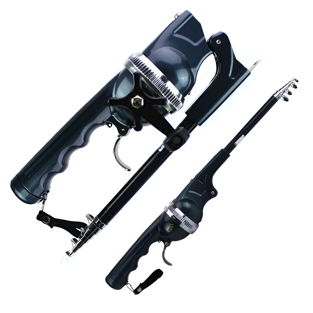 Foldable fishing rod in black colour, shrunk to 26.5cm, with built-in reel and epoxy resin construction