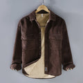 Men's fleece lined corduroy coat shirt in solid colour loose fit Japanese retro style with long sleeves