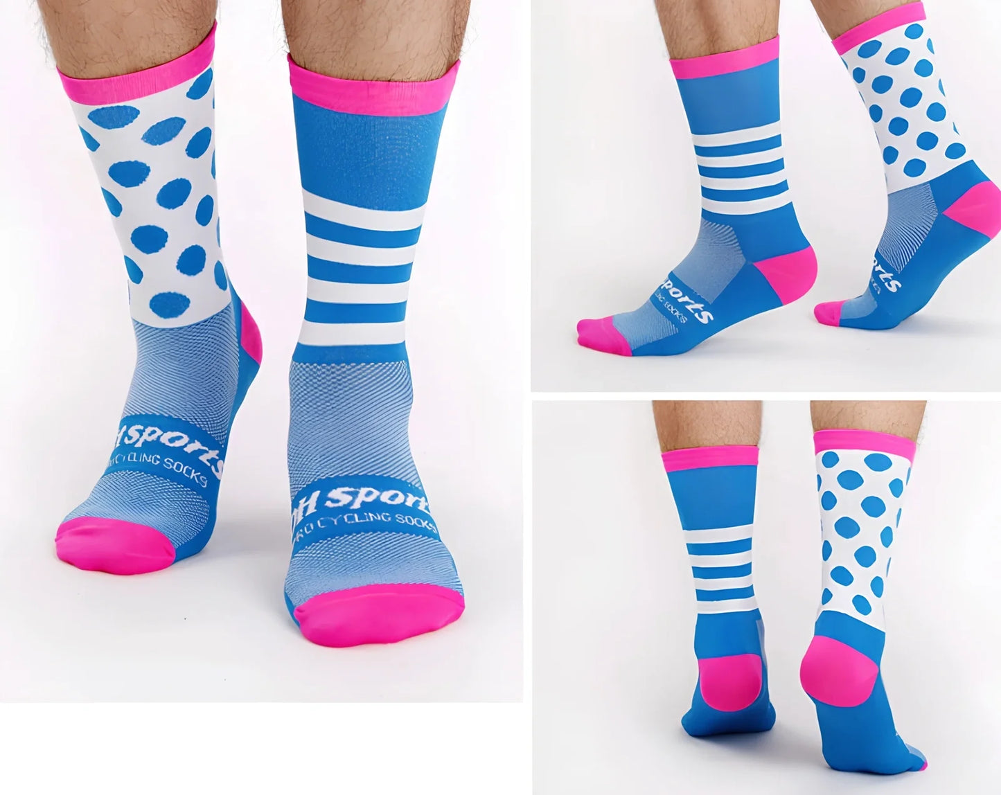 Pair of black powder compression cycling socks in size L, featuring stripe mesh pattern, 40-45cm long tube for breathable four-season support