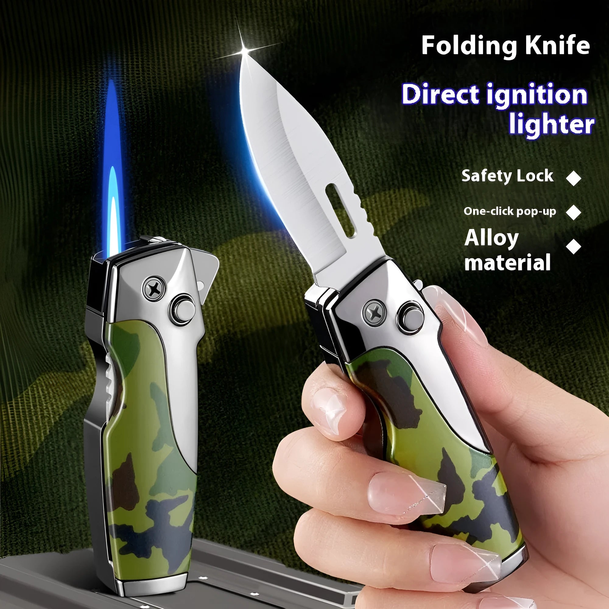 Zinc alloy metal folding lighter and knife multi-tool in a wood grain finish.