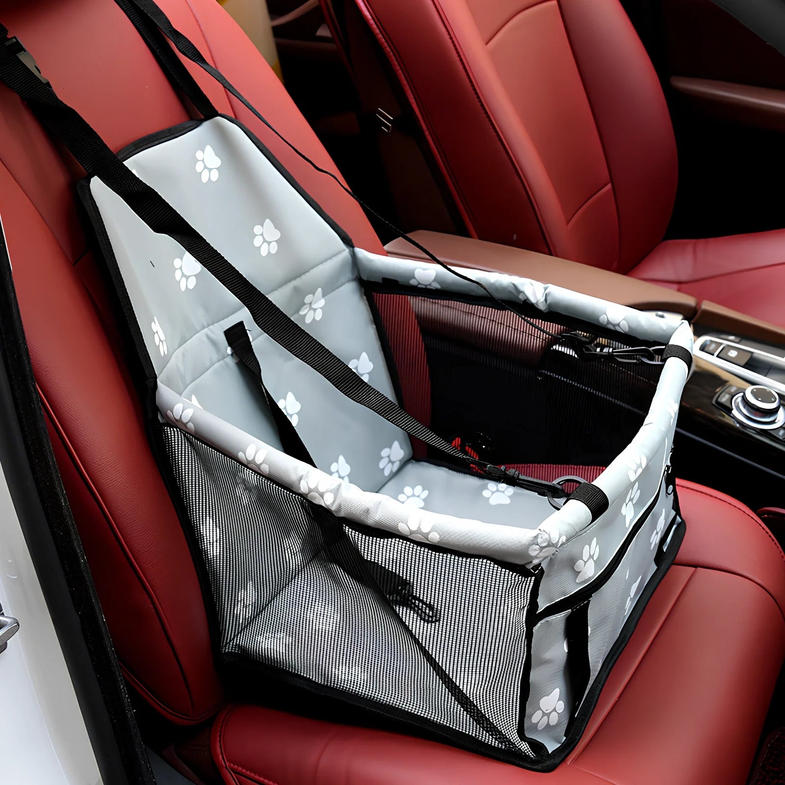 Waterproof pet car mat with headrest straps installed in vehicle, showing storage compartment and dimensions 400x300mm