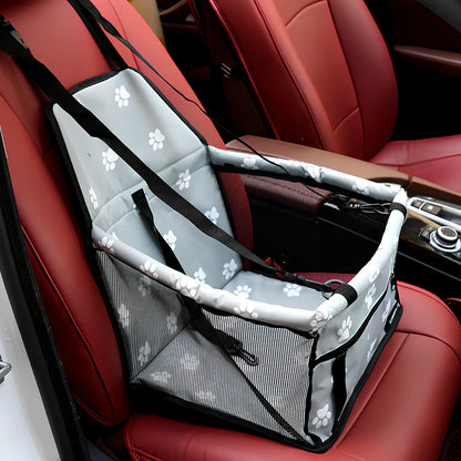 Waterproof pet car mat with headrest straps installed in vehicle, showing storage compartment and dimensions 400x300mm