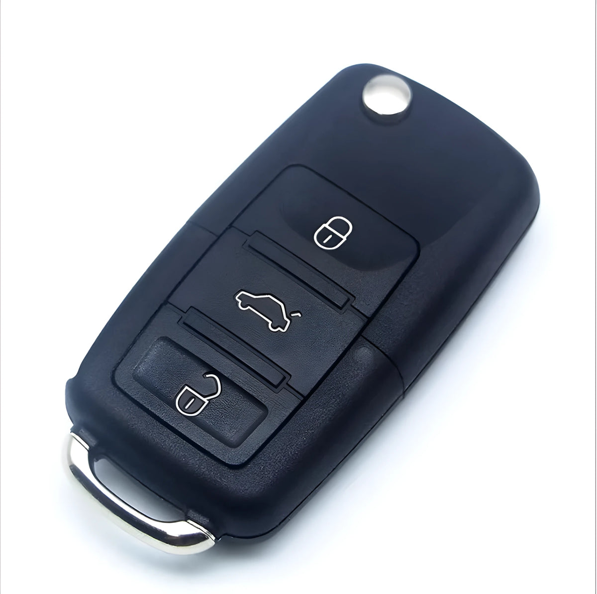 Black 3-button car key shell with secret compartment, made of nylon glass fibre PVC, showing button and rotary base