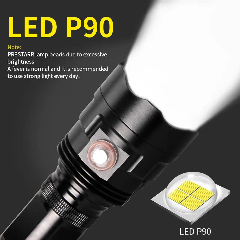 Black aluminium XHP90 LED tactical flashlight showing scale next to USB cable and yellow packaging box.