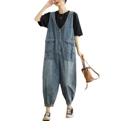 Women's denim tank top jumpsuit with Hong Kong breeze style and relaxed fit