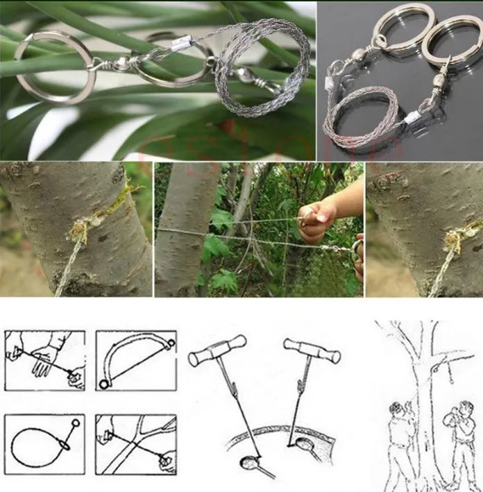 Stainless steel survival wire saw with pull rings, showing coiled 55 cm blade.