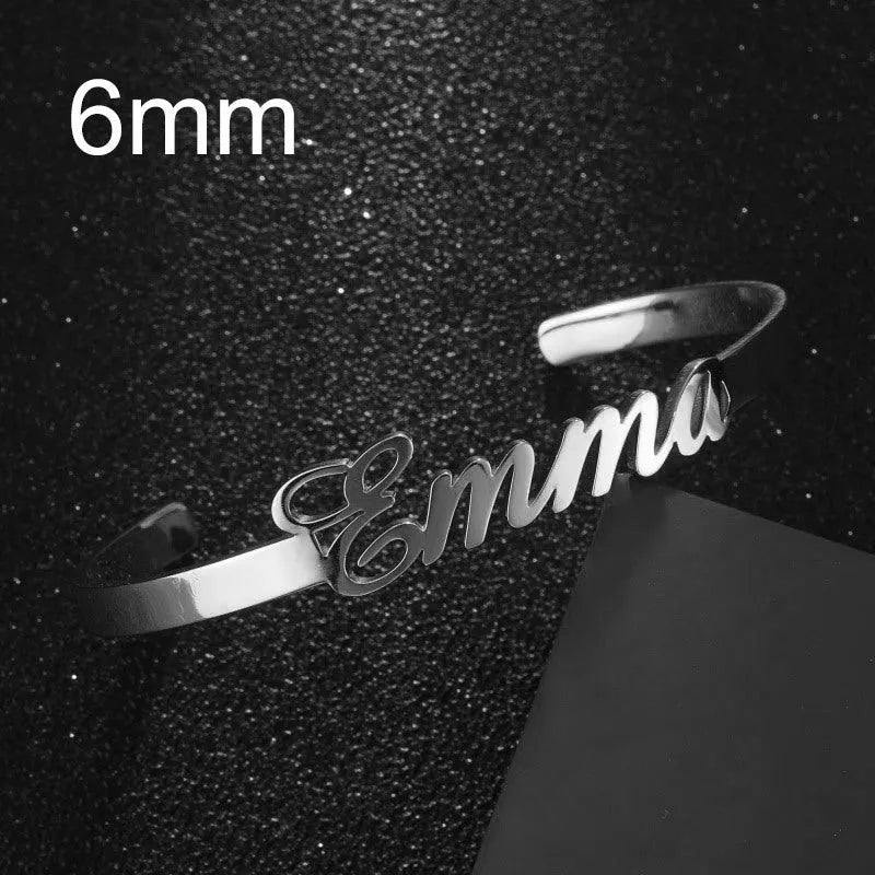 Custom name bracelet in stainless steel, silver finish, medium width, personalised engraving