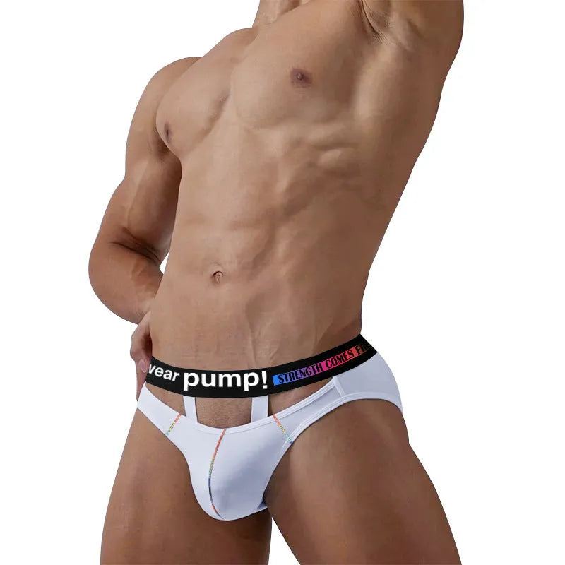 Men's solid colour modal briefs in black and white on a white background, showing low waist design